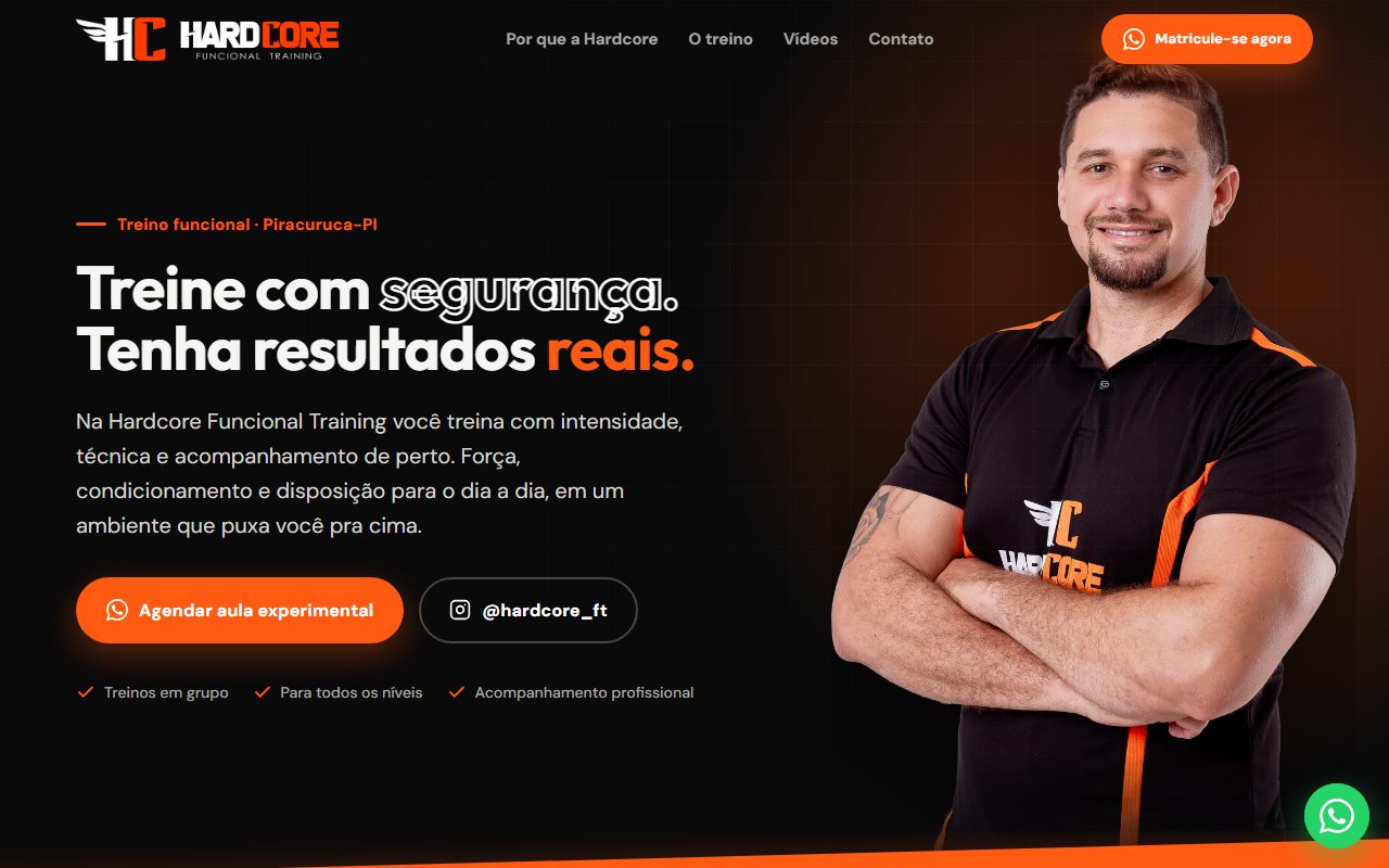 Landing page da Hardcore Funcional Training com o título Treine com segurança, tenha resultados reais