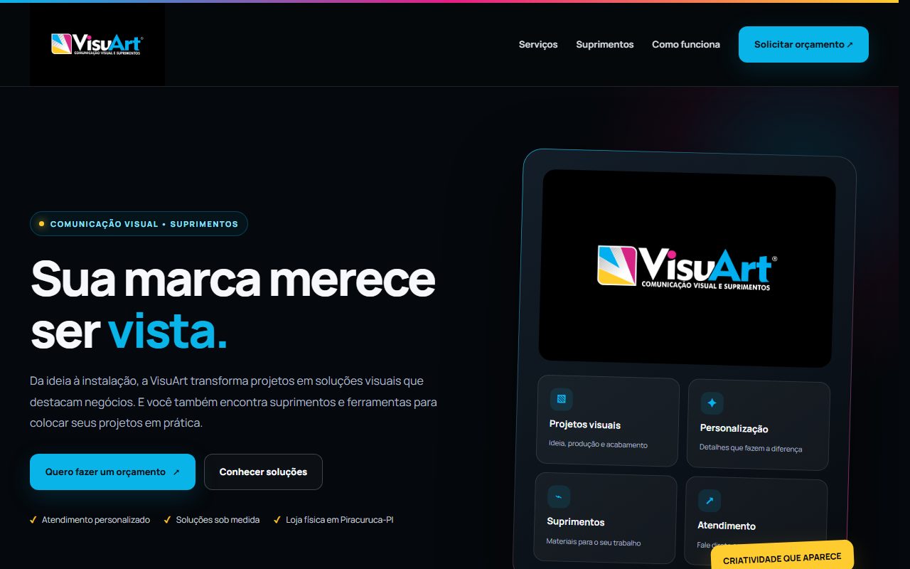 Landing page da VisuArt Comunicação Visual e Suprimentos