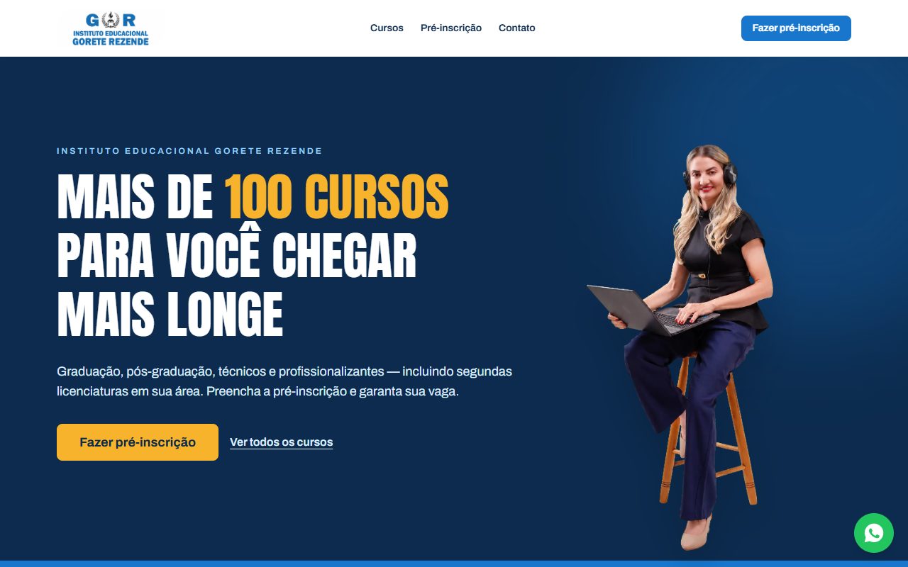 Landing page do Instituto Educacional Gorete Rezende com o título Mais de 100 cursos para você chegar mais longe