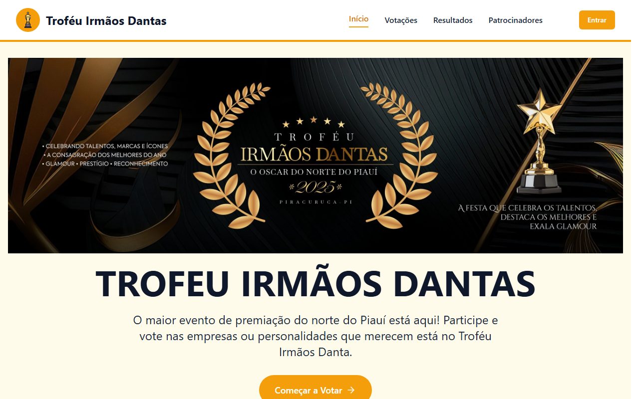Página inicial do site do Troféu Irmãos Dantas, com o banner da premiação