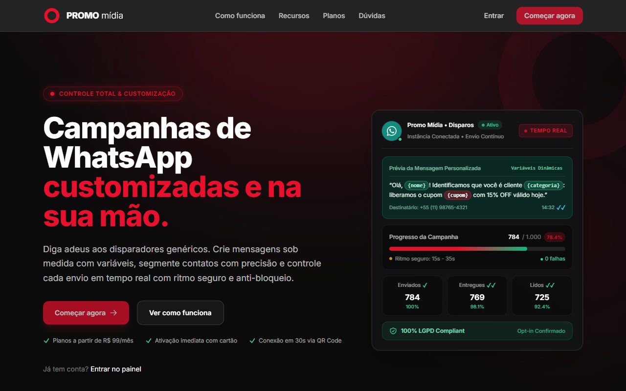 Página do Zappi, sistema de campanhas de WhatsApp